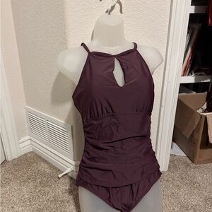 Ellen Tracy Plum Halter One-Piece Swimsuit